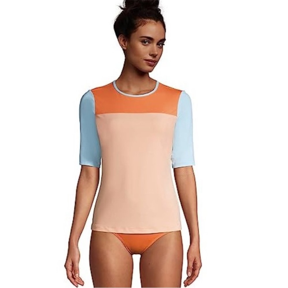 NWT Lands End Crew Neck Elbow Sleeve Rash Guard UPF 50 Sun Protection Swim Tee
